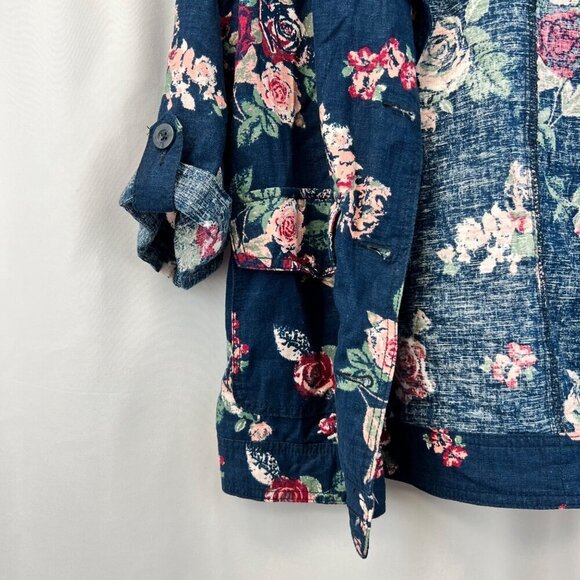 Maurices Lightweight Button Up Jacket Blue/Multi Floral 3/4 Roll Tab Sleeve S - Picture 5 of 9